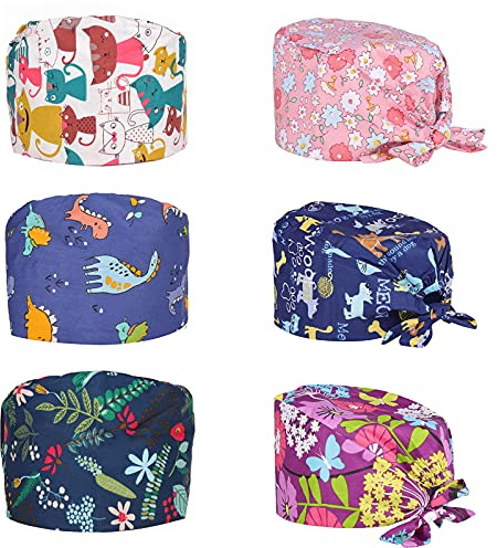 Comius Sharp Pack of 6 Scrubbing Caps, Adjustable Cotton Hood, Headwear, Turban Cap, Printed Soft Caps, Unisex, Hair Cover with Sweatband for Women and Men