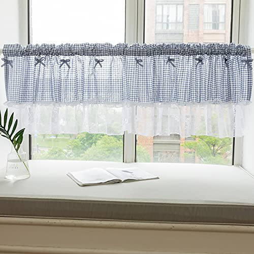 Lsimeru Kariert Küchengardinen Landhausstil Vintage Blau Scheibengardine Küche Bistrogardine Kurzstore Gardinen Sheer Kurzvorhang Kleinfenster Vorhang 1 Stücke,132x60cm