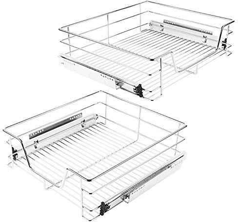 Panier de Rangement Coulissant en INOX pour Placard, Tiroir Télescopique pour Armoire, Étagère Extensible Cuisine 2 PC(49*14*44 cm pour 56 cm)