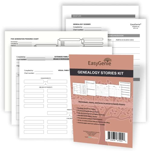 EASYGENIE Genealogy Stories Kit: Worksheets, Charts, and Forms to Preserve Family History and Track Ancestors (30 Sheets)