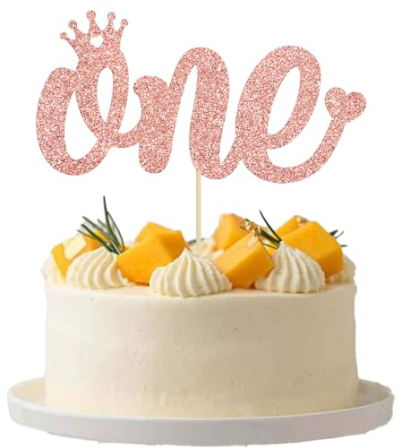 Gyufise 1 Pack One Cake Topper Rose Gold Glitter One with Crown Cake Decorating Picks for Girl Boy 1st Babyshower Birthday Wedding Anniversary Party Supplies