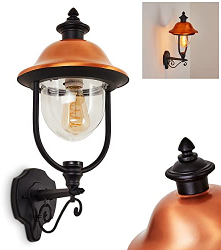 HOFSTEIN Außenwandleuchte Gascon, Außenwandlampe aus Metall/Kunststoff in Schwarz/Kupfer/Klar, Wandleuchte Up außen im Landhaus/Retro/Vintage-Stil, E27, IP44, Hof, Eingangsbereich, Terrasse, Haustür