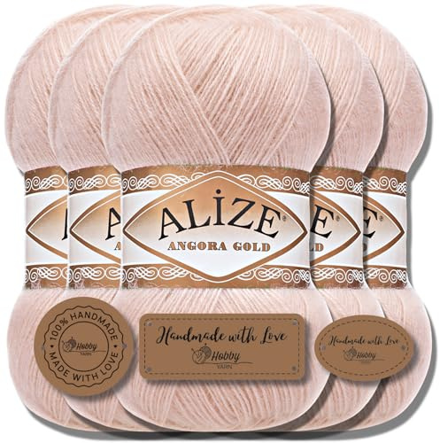 Hobby YARN 3x Etikettenlabel mit Alize Angora Gold Wolle Premium 5x100g als Set, Yarn, Garn, Dünne Mohair aus Schurwolle, Uni, Einfarbig, Strickgarn (Powder - 404)