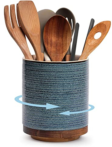 DOWAN Utensil Holder, 360° Rotating Extra Large Cooking Utensil Holder, 7.6 Ceramic Kitchen Utensil Holder for Countertop, Utensil Crock for Kitchen Decor, Utensil Caddy, Reactive Glaze Blue
