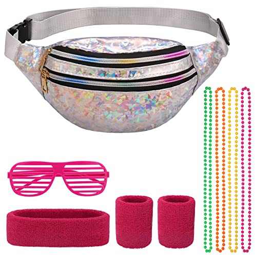 Hejo Gürteltasche Damen Silber PU, 80er Jahre Outfit Damen, wasserdichte 80er 90er Jahre Bauchtasche mit Armbänder, Stirnband, Ketten und Brille für Neon Party, Karneval