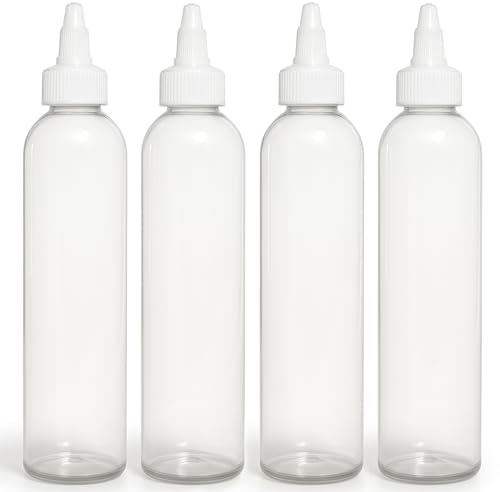 BRIGHTFROM Twist Top Applicator Bottles, Clear 8 OZ BPA-Free Plastic, Empty, Squeeze, Refillable - Open/Close Nozzle - Multi Purpose (Pack of 4)