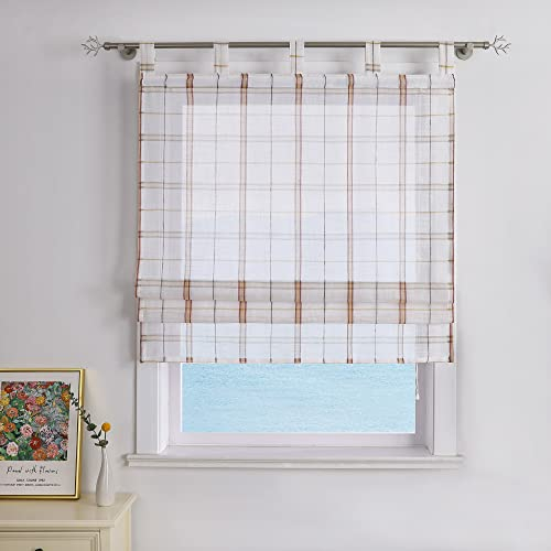 Raffrollo Leinen Transparente Raffgardine Landhaus Küche Gardinen mit Schlaufen Schlaufenrollo Vorhänge Kariert Rot BxH 100x140cm 1 Stück