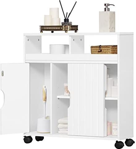costoffs Slim Bathroom Storage Cabinet on Wheels with Sliding Doors, White | MDF & BPA-Free Plastic, Mobile Casters & Open Shelf & Sliding Doors, For Small Bathroom Narrow Toilet Gap Spaces