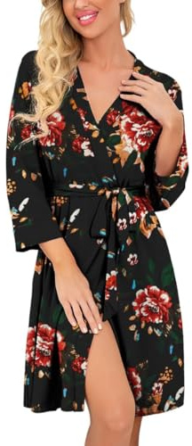 PrinStory Robe de chambre pour femme légère à manches 3/4 - Kimono - Robe courte - Vêtements de nuit, Fleurs Noir, L