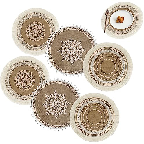6er Set 38cm gewebte runde Tischsets W?rmeisolierung rutschfeste Platzsets Untersetzer Waschbar Boho-Tischsets für Küche Esszimmer Hochzeit Tisch Party Dekoration (C)