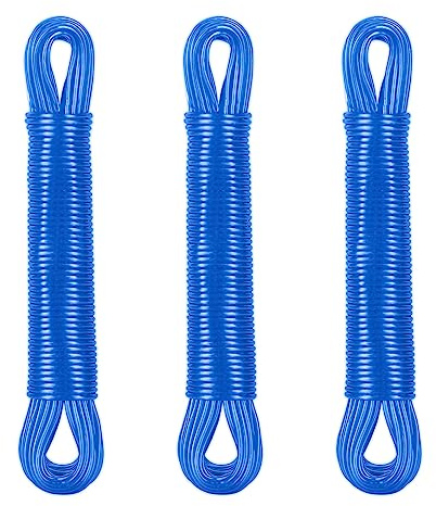 Relaxdays Wäscheleine 3er Set, 20m, PVC Wäscheseil mit Polyesterkern, extra stark, drinnen & draußen, Wäscheschnur, blau