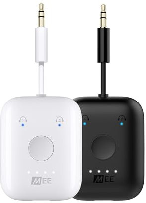 MEE audio Connect Air (2 PACK) in-Flight Bluetooth Wireless Audio Transmitter Adapter for up to 2 AirPods/Other Headphones; Works with All 3.5mm Aux Jacks on Airplanes, Gym, TVs, & Gaming, Black&White