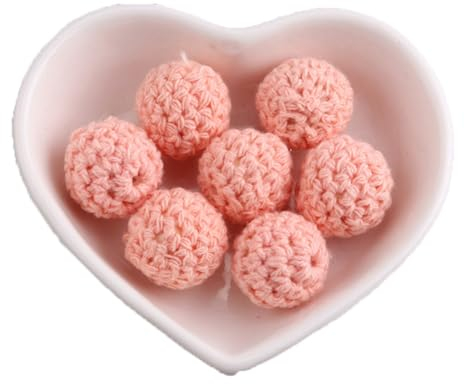 Yurosiay Bunt Häkelperlen mit Loch Runde Gehäkelt Holzperlen zum Auffädeln Handgefertigt Natur Holzkugeln Bastelperlen für Schmuckherstellung Halskette Armband Haarnadel Brosche Orange-Rosa 10 Stück