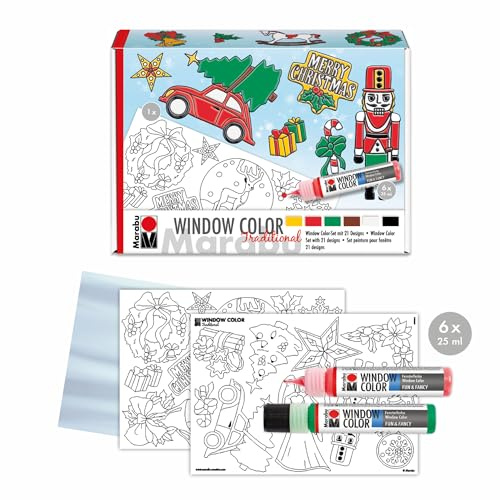 Marabu 0406000013908 – Window Color fun & fancy XMAS Traditional Pintura para ventanas a base de agua, 6 rotuladores de 25 ml cada uno, página para colorear A3 y lámina para colorear A4
