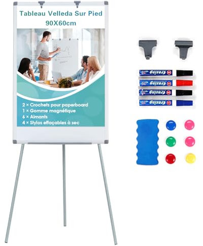 Swansea Tableau Blanc Effacable Sur Pied 90 x 60 cm, Tableau Velleda, Hauteur RéGlable, Tableaux Blancs Avec Pied pour le bureau à domicile, l'école