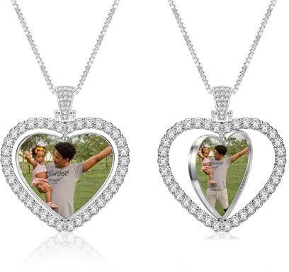 PiercingJak Charms Halskette beidseitig Foto Gravur Drehbar Rund Anhänger mit Strass 28 Kette Personalisierte Geschenke für Freundin Partner Familie, Silber/Gold