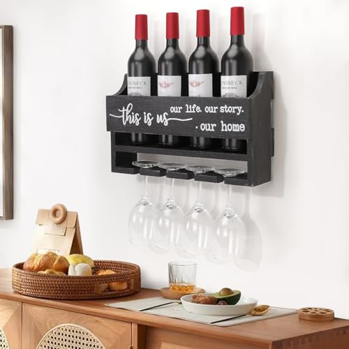 AOAOPQ Wall Mounted Wine Rack Wall Hanging Wine Holder Mail Rack Wine Storage Organizer for Kitchen Pantry Dining Room Bar Wine Cellar Rustic Black