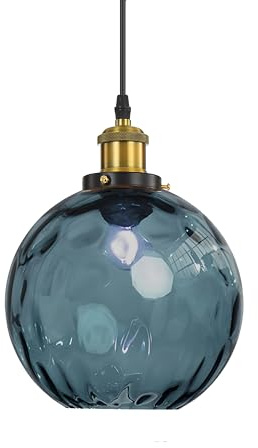 EKSED Lampadario a Sospensione Sferico in Vetro Ondulato - Lampada a Sospensione con Paralume in Ottone per Isola Cucina e Sala da Pranzo (Blu scuro, 20cm)