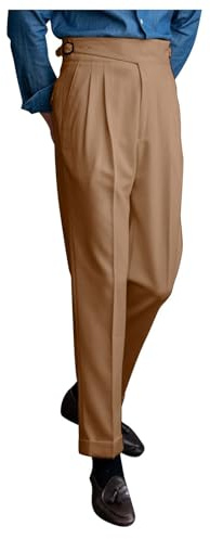 Bauzuoyo Pantalones de traje de frente plano para hombre con cintura extensible, clásicos, corte alto, pantalones de traje de negocios, suaves y cómodos, retro, ropa formal, ligera pierna recta