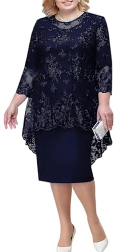 CWXKGL Vestito Donna Elegante O-Scollo A Vita Alta E Taglie Forti Abito Midi Abito da Sera Vestito da Sera Elegante Abbigliamento Femmina-Blu-5Xl
