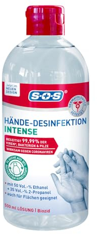 SOS Hände-Desinfektion Intense (1x 500ml) - beseitigt 99,99% Bakterien, Pilze & Viren - desinfiziert Gegenstände, Flächen & Hände - frei von Parfüm - für Allergiker geeignet