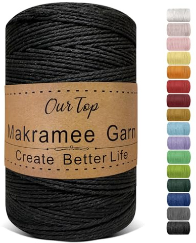 OurTop Premium makramégarn svart, 2 mm x 500 m, makramésnöre, garn för gör-det-själv hantverk, vävning, dekoration, hängande växt växthängare