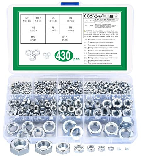 430 Pz Set di Dadi Esagonali, Dadi Autobloccanti, dadi di Bloccaggio, Dado Esagonale, dadi di Arresto per Viti Bulloni Filettati Barre Filettate, M2 M2.5 M3 M4 M5 M6 M8 M10 M12