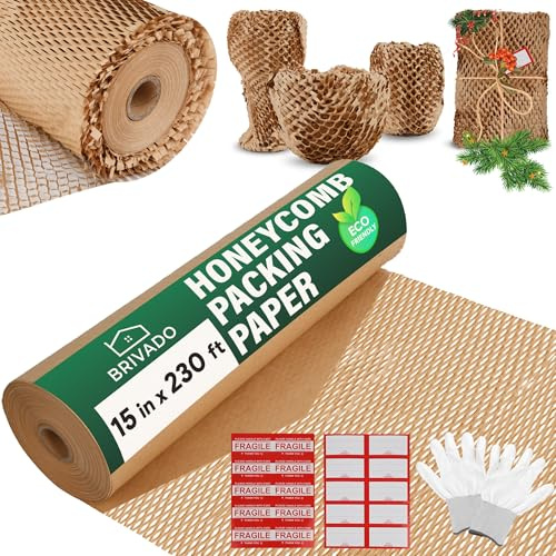 BRIVADO Honeycomb Packing Paper 15x230' Roll with Fragile & Labeling Stickers, Gloves - Bubble Wrap for Moving,Products & Gifts Wrapping Paper, Recyclable & Biodegradable Cushioning Packing Material.