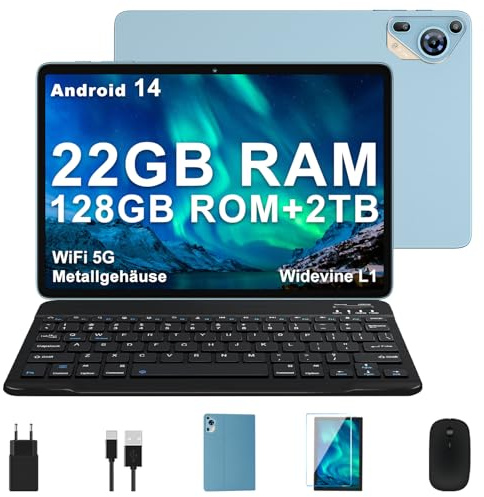 SKYEGG Tablet 10.1 Zoll Android 14, 128GB Speicher (erweiterbar 2TB), 8000mAh Akku, Tablet mit Tastatur & Maus, Metallgehäuse – Blau