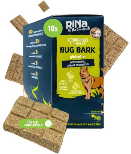 RiNa Bug Bark Hundeleckerli Insekten, Kokosöl, Banane, glutenfrei 300 g | Insekten Leckerli mit nachhaltigem Protein und Aminosäuren, Kokosöl für Haut und Fell, Banane für die Verdauung, glutenfrei