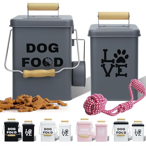 Set Von 2 Metall-Hundefutterbehältern-24,5x14,5cm&21,8x12cm, Grau Großer Niedliches Leckerli-Glas Mit Deckel, Inklusive Löffel und Hundespielzeug, Futterbehälter Für Haustiere Für Küchenarbeitsplatte