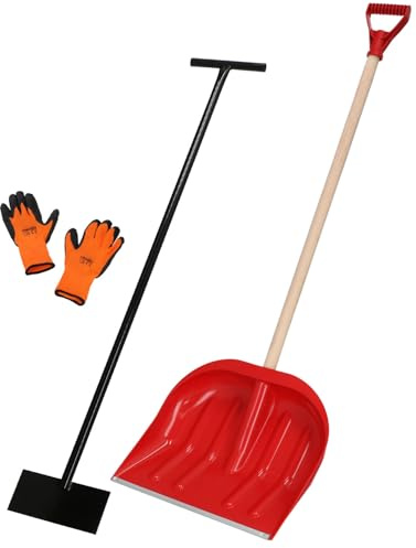 KOTARBAU® Set Schneeschaufel mit Holzstiel 134,5 cm Eisschaber 119 x 20 cm + Handschuhe warm Schneeschieber Schneeschaufel Auto Stoßscharre mit Stiel Schaufel mit Stiel