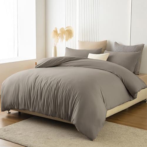 Soifox Sängkläder, brungrått, mikrofibersängkläder, skrynkel- och skrynkelfritt, 2-delat set, påslakan (180 x 200 cm) och örngott (80 x 80 cm), med dragkedja