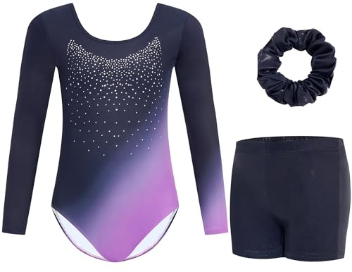 Gogokids Tredelad gymnastikdräkt för flickor, långärmad, med shorts och pannband, glänsande dansklänning med gradient färgdesign, för 3–12 år, 120(110-120 cm,6-7Y)