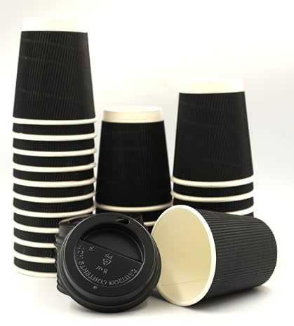 Sunrise Packaging 100 x 8oz Black Ripple Disposable Coffee Cups with Lids – Insulated, Leak-Proof & Eco-Friendly Paper Cups – Durable to-Go Cups for Coffee, Tea, Cappuccino & Hot Beverages
