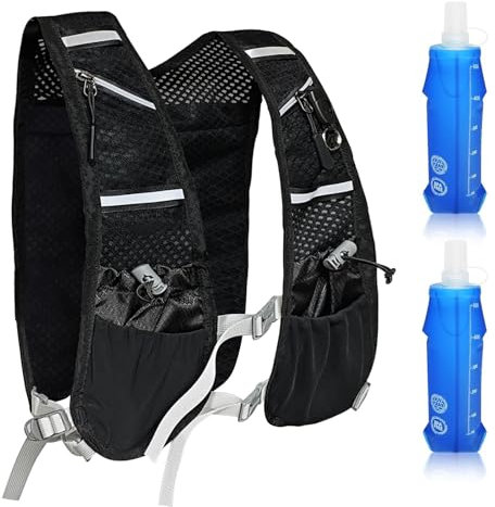 Laufweste für Damen und Herren Reflektierender Trinkrucksack mit 2 x 500 ML, Verstellbare Brustgurte Soft Wasserflaschen, Front zurück Reißverschluss Rucksack für Radfahren Wandern Laufen Outdoor