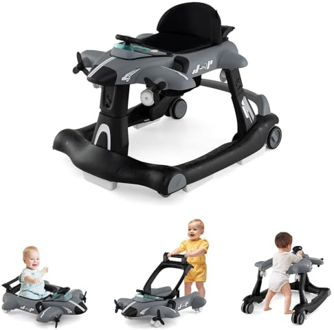 DREAMADE Lauflernhilfe, Babywalker mit Musik, Lichtern, verstellbarer Höhe & Geschwindigkeit, Lauflernwagen mit Flugzeugmotiv, Gehfrei Baby ab 6 Monate (Grau)