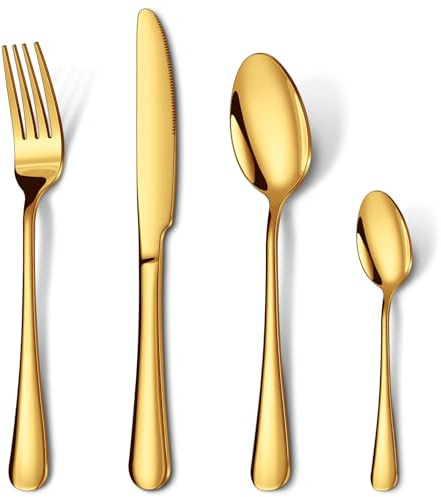 Cutlery Set Gold, HONKKU 16 Pieces Stainless Steel Flatware Set for 4 People, Mirror Polished Tableware Silverware Set with Spoon Knife and Fork Set for Home Kitchen, Dishwasher Safe