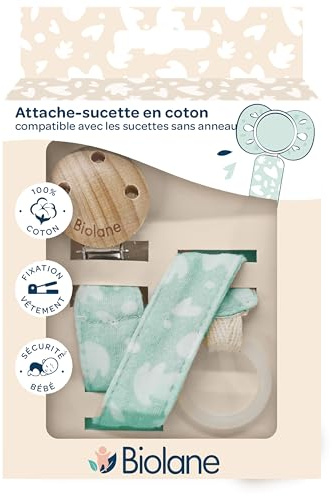 BIOLANE - Sujetador para chupete anatómico, tejido 100% algodón, color verde menta, fijación de silicona, clip de madera y metal, doble seguridad y antideslizante