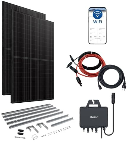 Haier 880 W Balkonkraftwerk mit Premium Balkonhalterung, 600 W / 800 W Stecker-Solaranlage, mit 2x 440 W Modulen und Wechselrichter, 5 m Kabel, WiFi