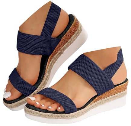 Xbemkste Sandalias para mujer, alpargatas con plataforma de cuña, sandalias de punta abierta, zapatos de verano, cómodas sandalias elásticas para exteriores, sandalias de cuña, azul, 37 EU
