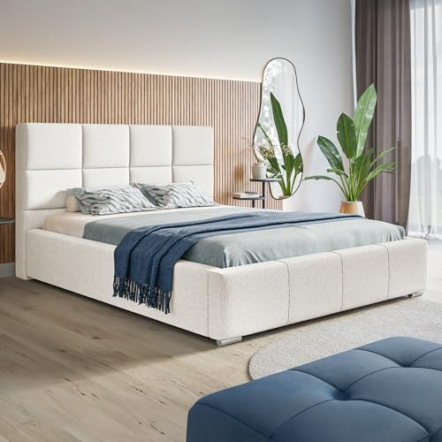 MOTIVENA Luna Bett 180x200 Weiß Boucle, mit Stauraum, mit Kopfteil, mit Lattenrost, mit Füßen, ohne Matratze, Polsterbett 180x200 mit Bettkasten Weiß (Milch)