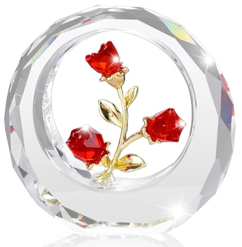 RONG KRISTO Crystal Rose Figurines Glass Flower with Stems Spring Bouquet Collectible Gifts for Wedding Birthday Party Red