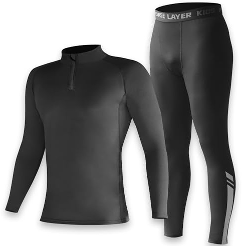 Penerl Skins per ragazzi, set completo con maniche lunghe e calzamaglia da calcio a compressione | Set completo intimo termico per bambini, Skins da calcio per ragazzi età 4-16, Nero , 34/M | 15-16