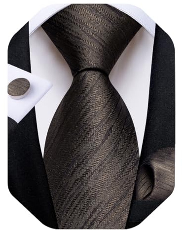 DiBanGu Mens Tie Set Silk Solid Paisley Necktie and Pocket Square Cufflinks Classic Formal Ties for Men Wedding Party, Brown