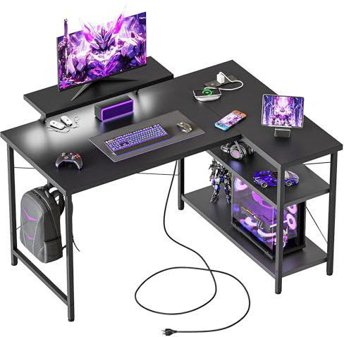 Mericonia Small L Shaped Computer Desk with Power Outlets, Reversible Gaming Desk with Storage Shelves & Monitor Stand, Corner Gamer Desk Table, Study Writing Table