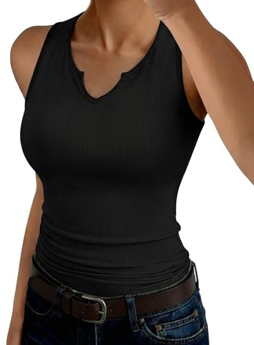 Aottori Top Chaleco Verano Mujer Cuello V Sin Mangas Camiseta Mujer Acanalada Básica Camisola Elegante Lisa Ajustada Estirada Tunica Cami Negro L