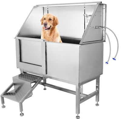 Garvee 50'' Dog Grooming Tub, Professional Dog Washing Station with Retractable Stairs, Stainless Steel Pet Bathtub for Small & Large Dog, Left Door