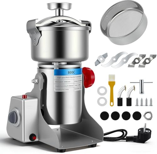 Tragbare Getreidemühle 220 V, 800G Elektrische Getreidemühle, Hochgeschwindigkeits-Gewürzmühle mit 3500W, Zum Mahlen Schütteln, Pulverisiermaschine aus Edelstahl für trockene Körner Gewürze Müsli