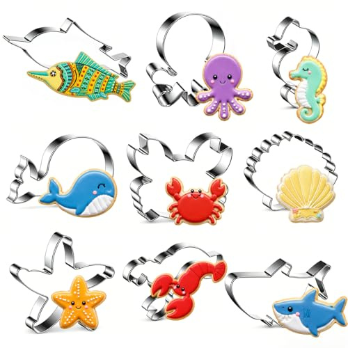 Juego de 9 moldes de galletas de animales marinos, de acero inoxidable, con tiburón, pulpo, caballito de mar, ballena, cangrejo, concha, estrella de mar, langosta y pescado para galletas, fondant y